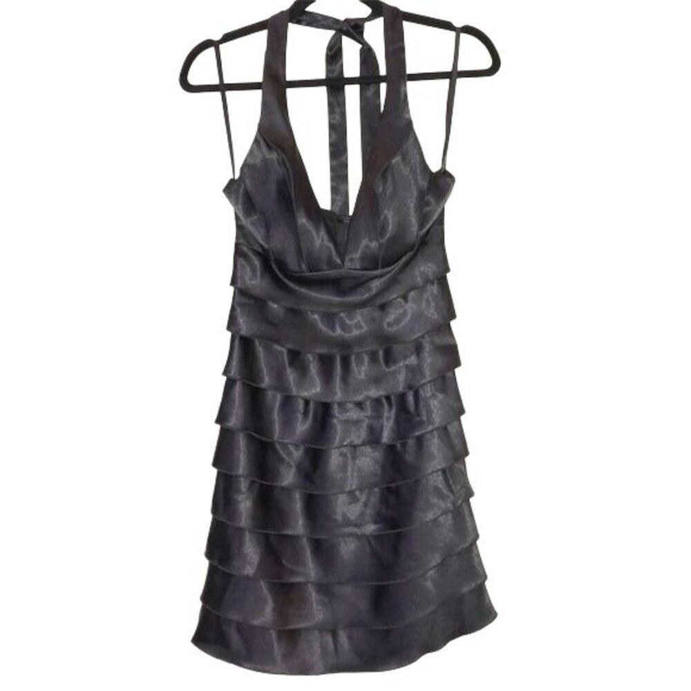 A Byer Black Halter Dress V Neck Ruffled Front Back Zipper Size 5